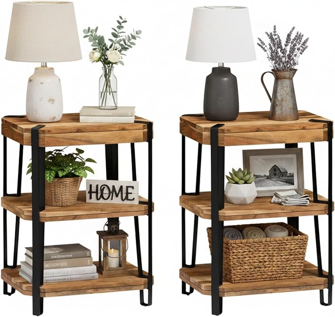 Ryegate Live Edge Modern End Tables Set of 2-3-Tier Acacia Wood Nightstands with Storage Shelves and Metal Legs - 17" Narrow Side Table Set for Living Room or Bedroom by Alaterre Furniture (Natural)