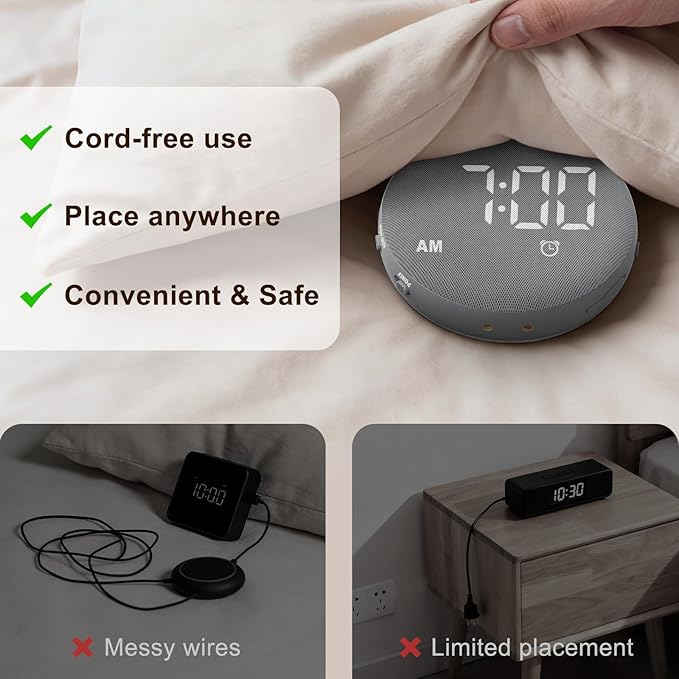 SolaceRise Super Loud Alarm Clock for Heavy Sleepers: Vibrating Digital Auto-Dim Clock with Bed Shaker for Hearing Impaired - Portable Rechargeable Battery for Bedroom Travel Dorm - Gray
