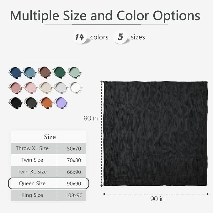 Carriediosa 100% Cotton Muslin Throw Blanket 90" X 90" Queen Size，4-Layers Summer Gauze Throws for Bed Couch，Soft Lightweight Breathable Linen Blankets Bedspread for Adults All Season，Black