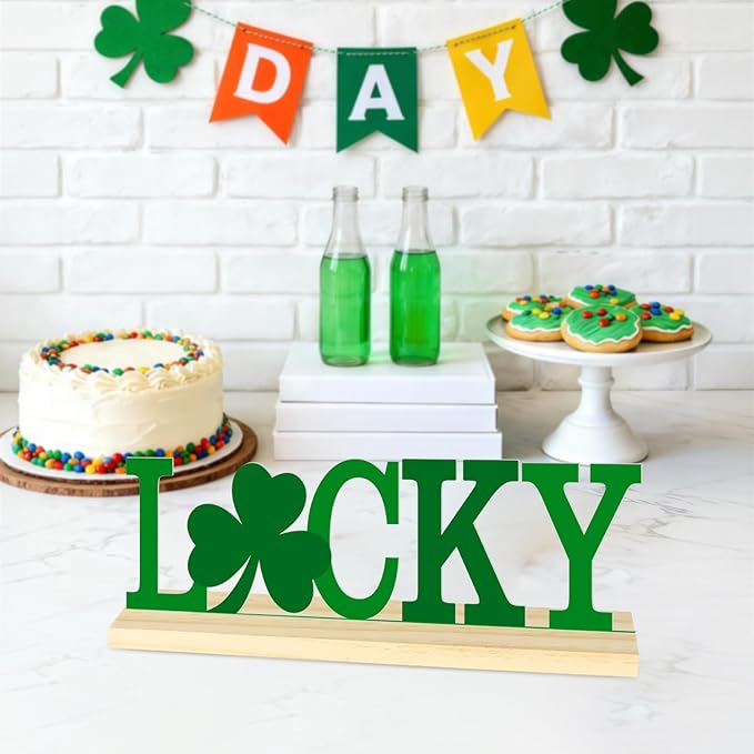 Metal St. Patrick’s Day LUCKY Table Sign, St. Patrick’s Day Tabletop Decoration with Wood Base, Green Shamrock Holiday Centerpiece Sign Decor for Home, Office, Shelf, Mantel Party Supplies