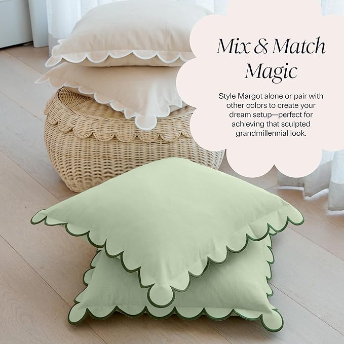 BEBE BASK Green Scalloped Pillow Cover - Set of 2-18 x 18 Inch - Scallop Pillow Cover - Scalloped Pillows - Scallop Pillows - 100% Cotton - Grandmillennial Style (Moss Green)
