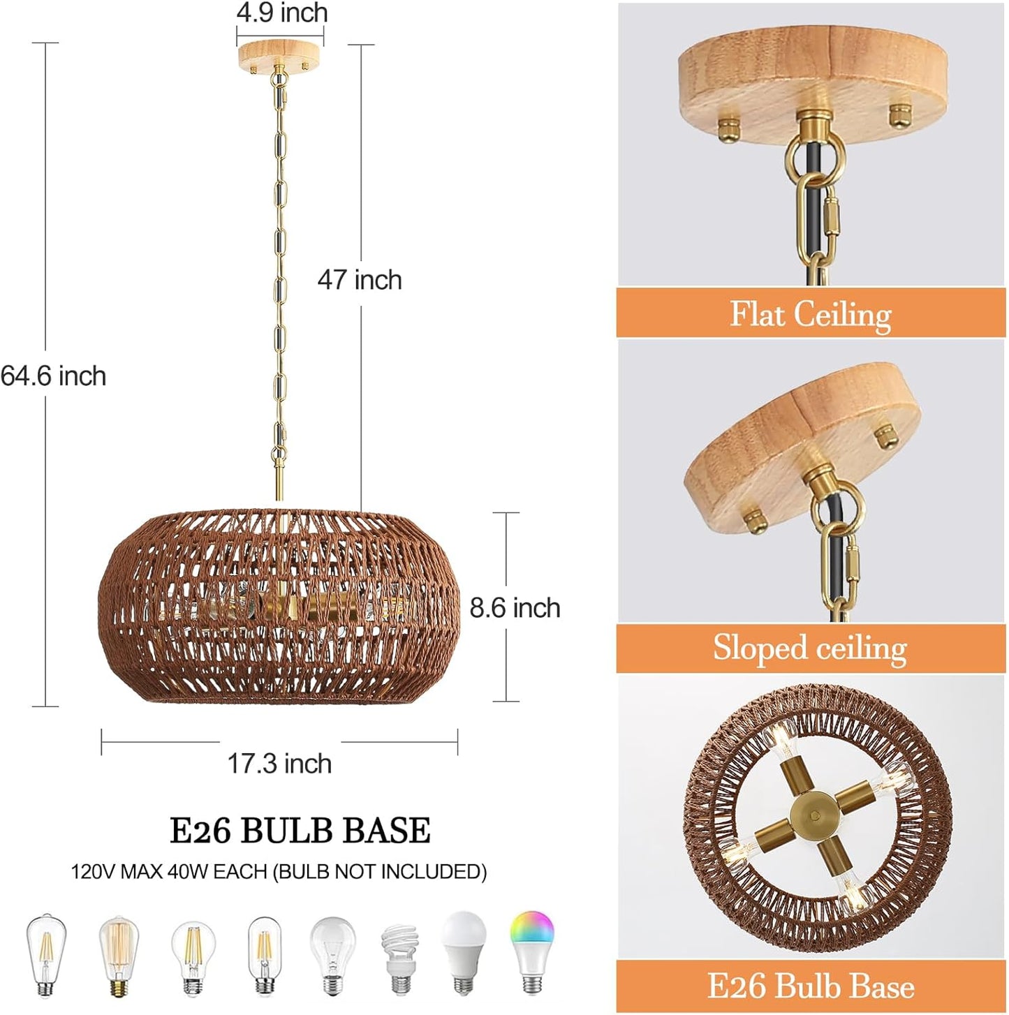 Boho Decor Pendant Light Kitchen Island,Rattan Chandeliers for Dining Room Light Fixture,Modern Farmhouse Decor Hanging Lights for Bedroom Living Room