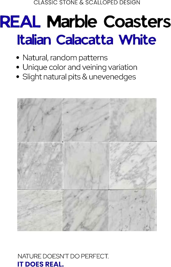 Marble Coasters Set of 4 - Natural Stone Coaster for Drinks, Modern Cup Holders, Bar Coffee Table Desk Decor, Cool Home Decor 4" (Calacatta White, Scalloped Square)
