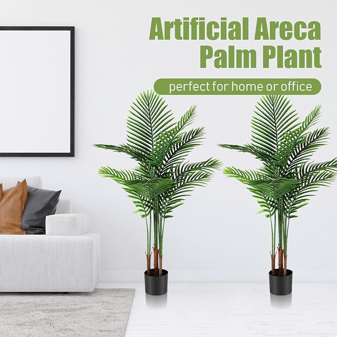 Jexine 2 Pack Artificial Palm Trees 4Ft, Fake Plants Fake Trees Artificial Areca Palm Plants for Outdoor Indoor Faux Palm Tree in Pot for Pool Home Decor Office Housewarming Gift Modern Decoration