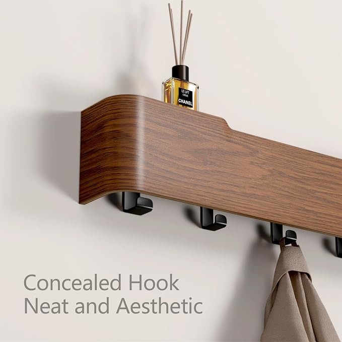 Wall Mounted Coat Rack with Shelf, Wooden Entryway Organizer with Hidden Metal Hooks for Hanging Coats Bags Keys, Modern Floating Shelf for Hallway Bathroom