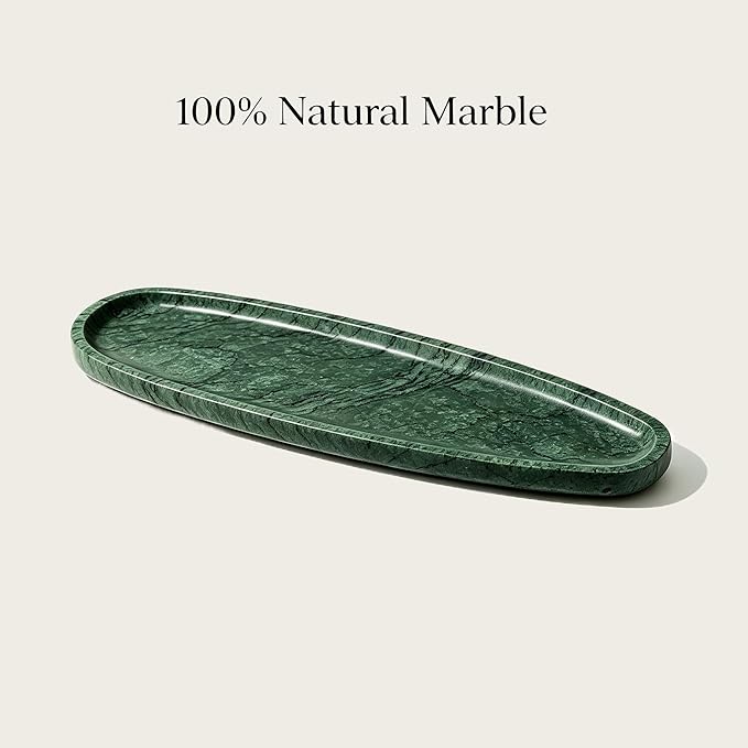 Natural Marble Vanity Tray, 16.6"x4.6" Green Real Stone Decorative Tray for Bathroom Countertop & Home Decor, Catchall Organizer for Jewelry, Candles, Cosmetics & Perfume（Green）