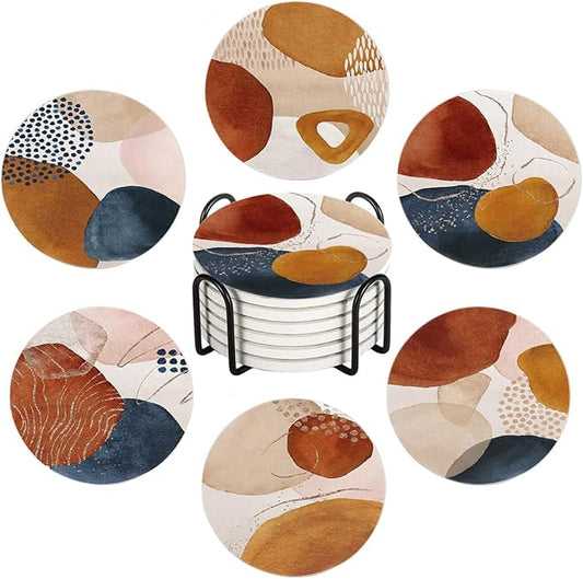 Drink Coasters for Drinks Set of 6, Terracotta Navy Orange and Gold Abstract Modern Art Absorbent Round Ceramic Stone Mat Coaster, with Cork Base and Metal Holder, Home Bar Decor House Warming Gift