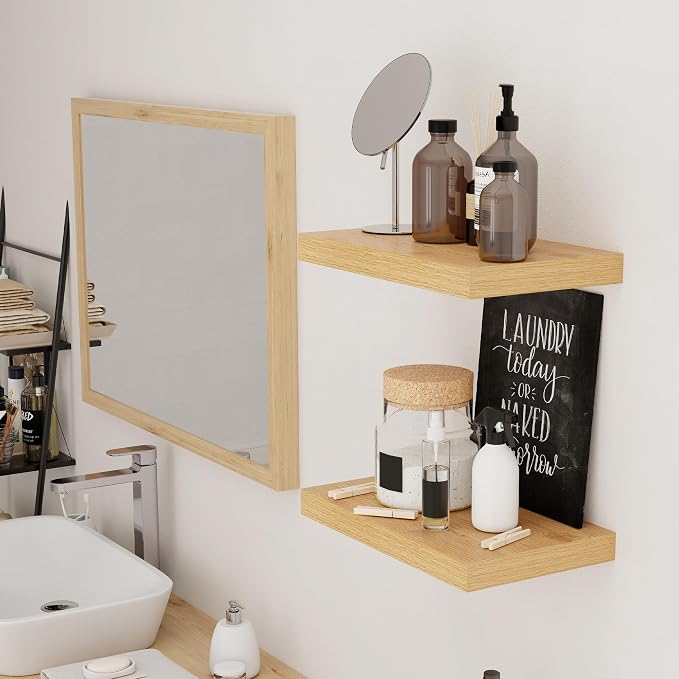 Oak Floating Shelves for Wall, 16 inch Floating Wall Shelves 9.3in Deep Wooden Shelving Book Shelves for Living Room Bathroom Bedroom Kitchen Storage & Organizer, 16 x 9.3 x 1.5 in, 2 Packs