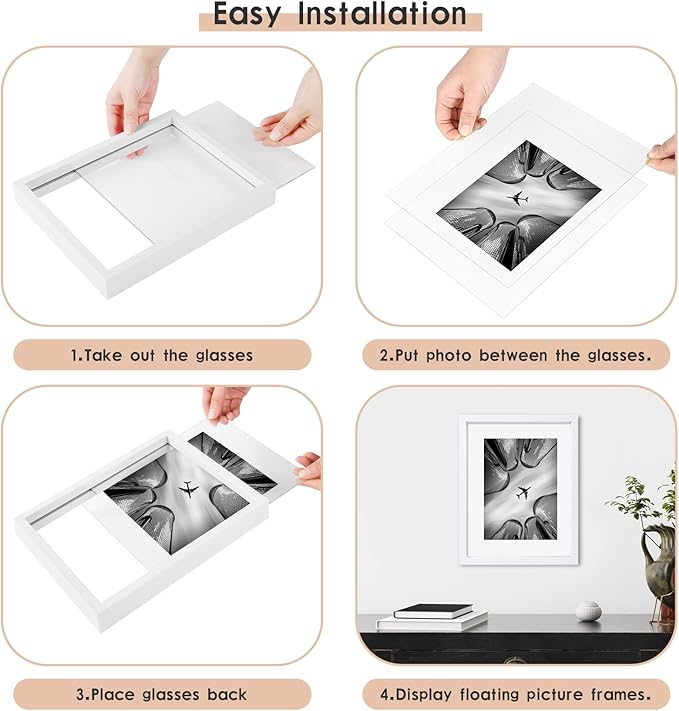 MUYE 12x16 Floating Frame Set of 2,Double Real Glass Photo Frame,Display Any Size Photo up to 12x16,Wall Mount or Tabletop Standing,White