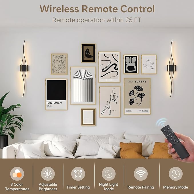 Battery Operated Wall Sconces Set of 2, Dimmable Modern LED Rechargeable Wall Light with Remote Control, Wall Decor for Living Room, Hallway, Quick Install, No Electrician Required 23.6 Inch