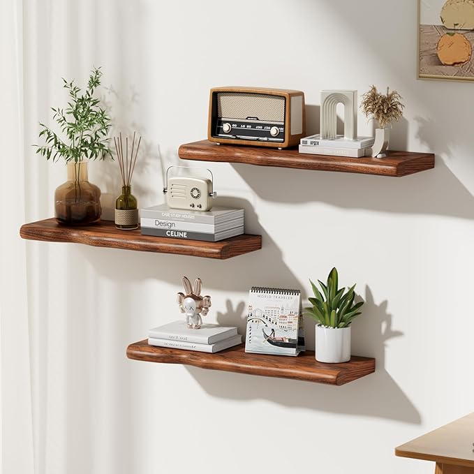 Solid Wood Live Edge Floating Shelves Set of 2 – 24" Rustic Wall Shelf with Hidden Bracket System, Wall Mounted Shelves for Bathroom, Kitchen, Living Room, Bedroom (Classic Walnut)