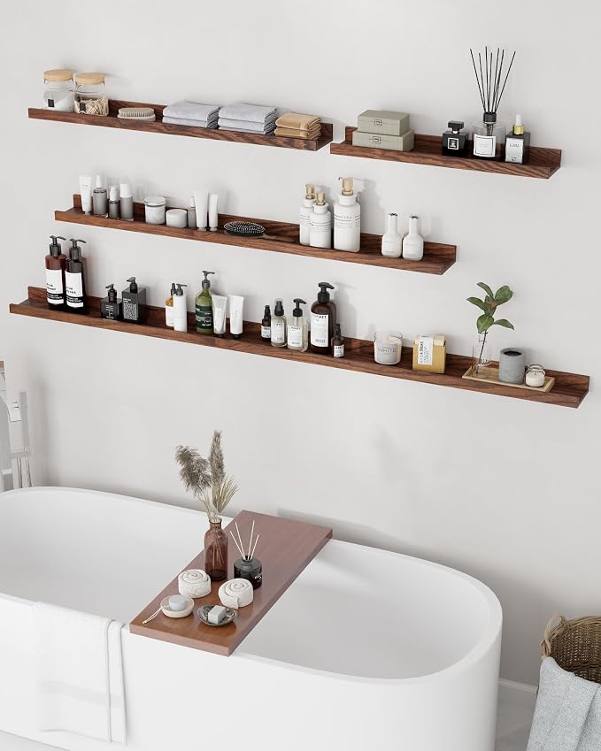 Axeman Oak Picture Ledge Shelf, 36 Inch Floating Shelves Set of 2, Solid Oak Wood Wall Shelves with Lip, Wall Decor Storage for Bedroom Living Room Bathroom Kitchen Nursery Photo Picture, Walnut