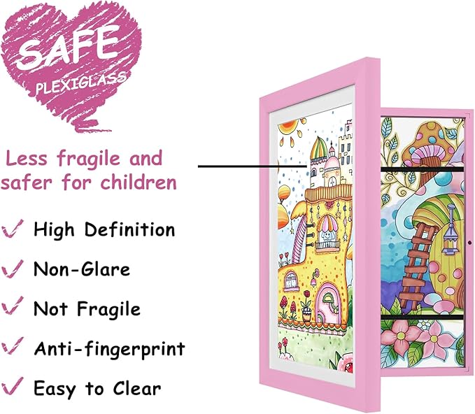 KINLINK A4 Kids Art Frame Set of 2, Solid Wood Kids Artwork Frames Changeable with Front Opening hold 150 Pictures, Art Frames for Kids Art with Mat，without Mat A4 Picture Frame Light Pink