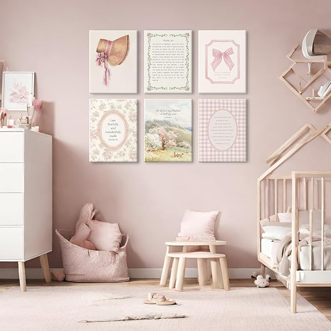 Christian Nursery Wall Art Bible Verse Canvas Wall Decor Pink Vintage Girls Nursery Poster Scripture Floral Bow Print Coquette Room Decor Pictures Jesus Artwork for Bedroom 12x16x6 Inch Wrapped Canvas