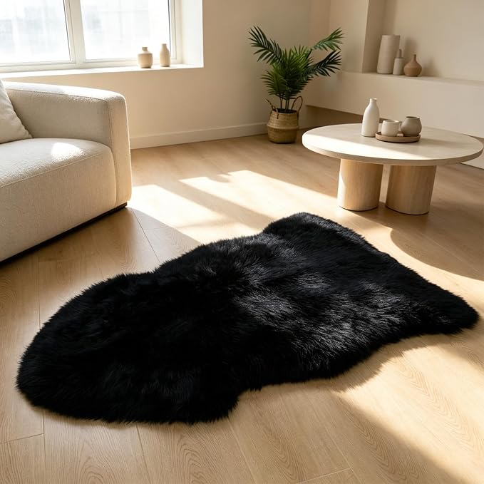 Genuine Sheepskin Rug New Zealand Fluffy Lambskin Rug, Natural Luxury Sheepskin Throw for Bedroom Living Room Children's Room - Premium Area Rug Chair Cover (2×3 Feet, Black)
