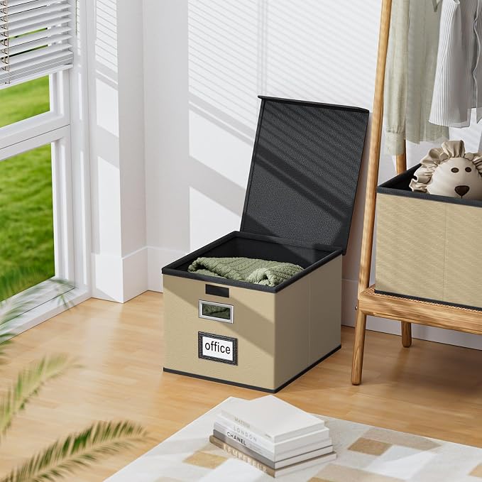 File Organizer Boxes with Lids, Collapsible Faux Leather Hanging File Folder Box Organizer with Plastic Slide, Decorative Home/Office Filing System Boxes for File and Folders Storage