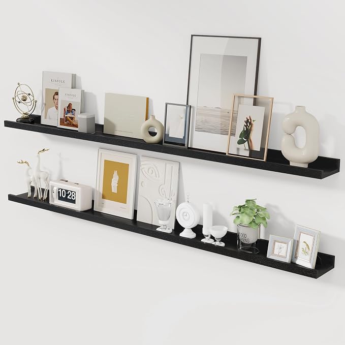 Acovy Solid Ash Wood Picture Ledge Shelf, 56 Inch, Black, Set of 2 | Floating Shelves, Wall Mounted, For Living Room Bedroom Kitchen Nursery, Kids Bookshelf