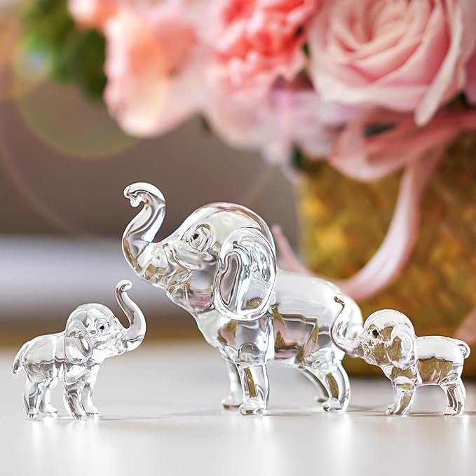 Set of 3 Crystal Elephant Figurines Glass Elephants Figurine Collectible Gifts for Mom Small Animal Statues Decor for Home Office Mother's Day Table Centerpiece