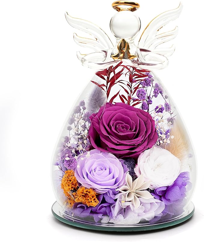 Purple Preserved Rose Glass Angel Gifts for Grandma Nana Mother in Law, Real Flower Birthday Retirement Presents for Older Women Aunt
