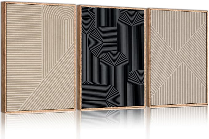 LHIUEM Large Abstract Textured Line Framed Canvas Wall Art,Boho Beige Black Wall Decor,Modern Neutral Minimalist Art Painting Painting for Living Room,Bedroom,Dining Room,Office -24"x36"x3