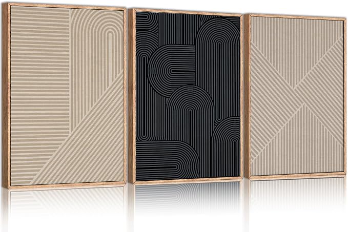 LHIUEM Large Abstract Textured Line Framed Canvas Wall Art,Boho Beige Black Wall Decor,Modern Neutral Minimalist Art Painting Painting for Living Room,Bedroom,Dining Room,Office -16"x24"x3