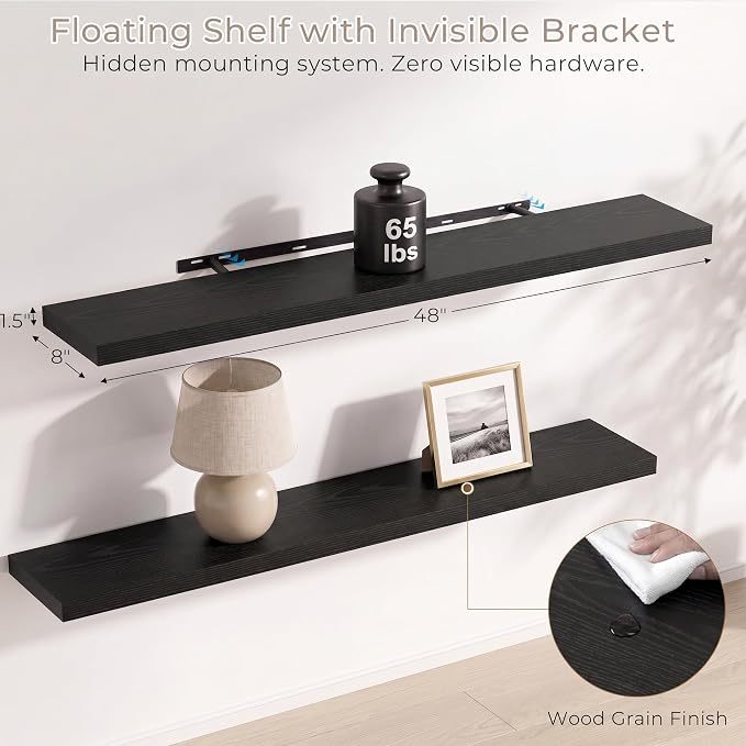 Vivelove Black Floating Shelves for Wall with Invisible Brackets, 48 Inch Floating Shelves for Under TV Over Fireplace Bedroom Living Room Office, 48”X 8”X 1.4", Set of 2 - Black