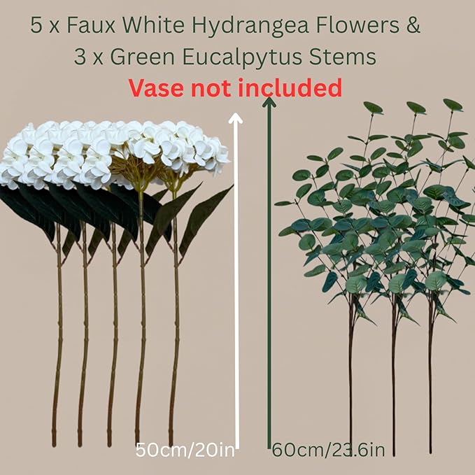 Real Touch White Faux Hydrangea And Eucalyptus Arrangement, Faux Floral Arrangements, Hyper Realistic Artificial Flowers, White Centerpieces For Kitchen Dining Coffee Table Decor, 5 Heads + Greenery