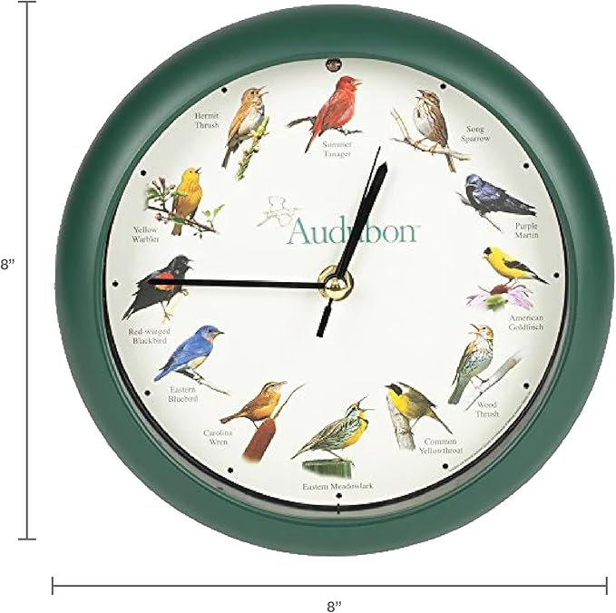 Mark Feldstein, Audubon Singing Bird Clock, 8 Inch, Green