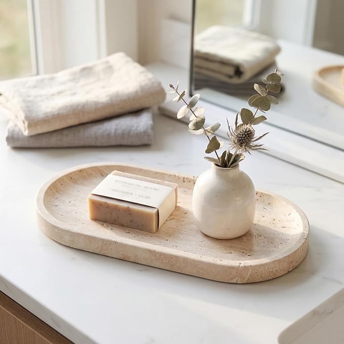 Natural Italian Travertine Tray Oval Decorative Marble Vanity Tray for Bathroom Countertop Hand-Polished Organizer for Kitchen Soap Jewelry Coffee Table Beige (11.8X5.9 Inch)