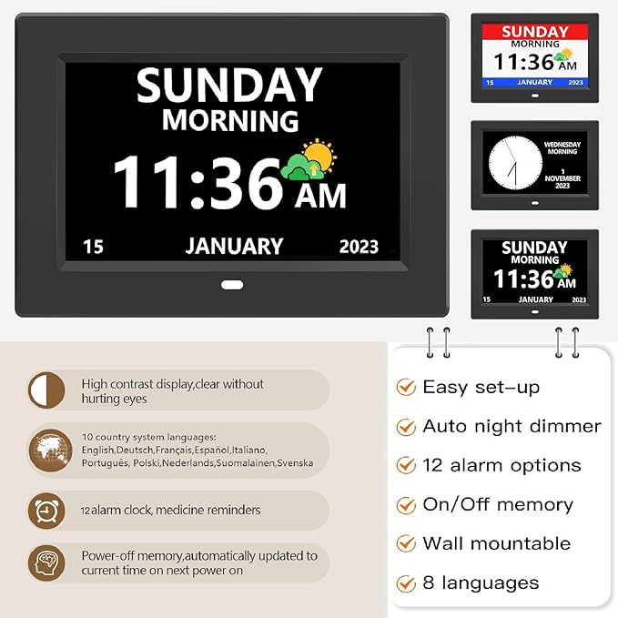 LXBYJKJ 7 Inch Digital Clock with Day and Date for Elderly Alzheimer's Clock Customizable Alarms 3 Display Modes Large Font Alarm Clock for Seniors Auto DST Black