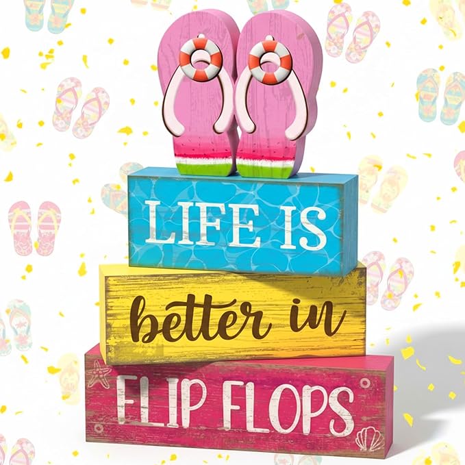 Yuntau 4 Pcs Summer Decorations for Office Hawaii Table Decorations Wooden Sign Flip Flops Table Centerpiece Summer Tiered Tray Decor Decorative Faux Book Stack Block for Coffee Mantel Floating Shelf