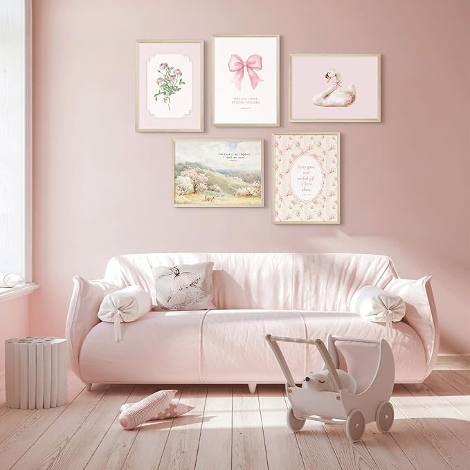 Nursery Christian Wall Art Bible Verses Canvas Wall Decor Baby Girl Room Poster Vintage Pink Nursery Prints Decor Floral Bow Swan Artwork Jesus Scripture Picture for Bedroom 8x10x5 Inch Wood Framed