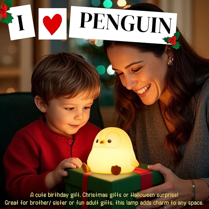 YR YRHH-PET Penguin Night Light for Kids, Squishy Rechargeable Penguin Lamp, Cute White Elephant Christmas Gifts, Dimmable Touch Penguins Nightlight, Boy Girl Baby Nursery Room College Animal Décor