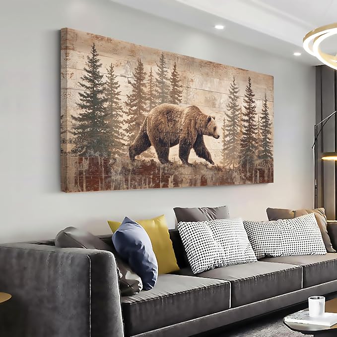 Ggaafet Brown Bear Forest Wall Art for Living Room Canvas Painting Prints Retro Wood Rustic Wildlife Art Deco Vintage Nature Artwork Office Bedroom Farmhouse Dining Room Decor Extra Large