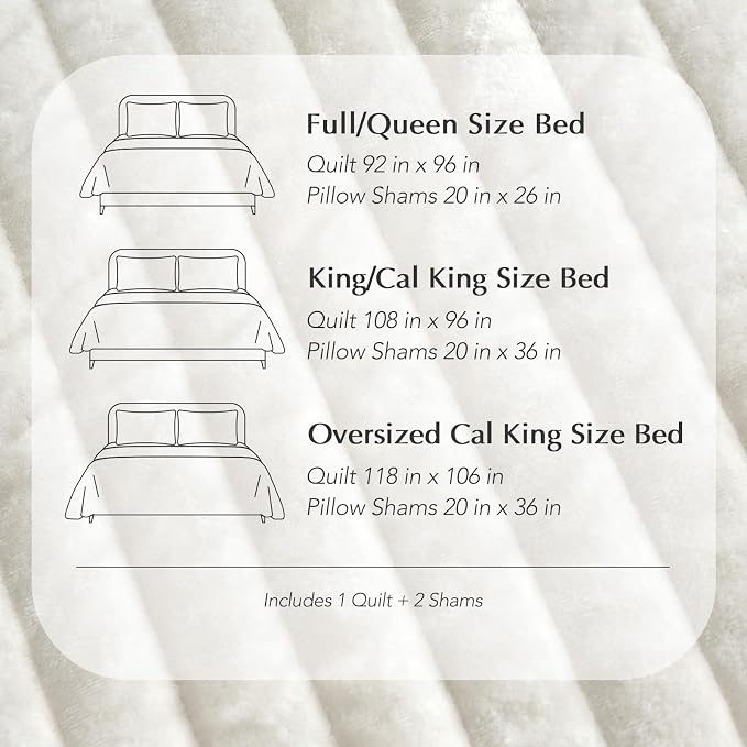 EverGrace Velvet Quilt Set California King 118'' x 106'', Luxurious Soft Striped Channel Bedding Set, Lightweight Velvet Comforter for All Season, Oversized Bedspread Coverlet w/ 2 Shams, Ivory White
