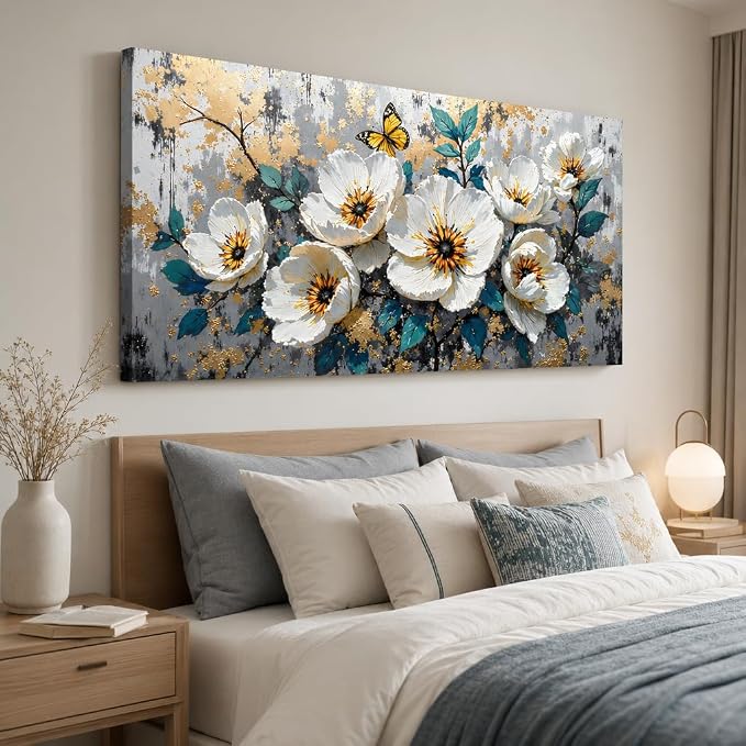 Wall Art Flower Abstract Canvas Painting Textured Picture, Modern Landscape Artwork Framed for Living Room Bedroom Bathroom Office Home Decor 48x24in