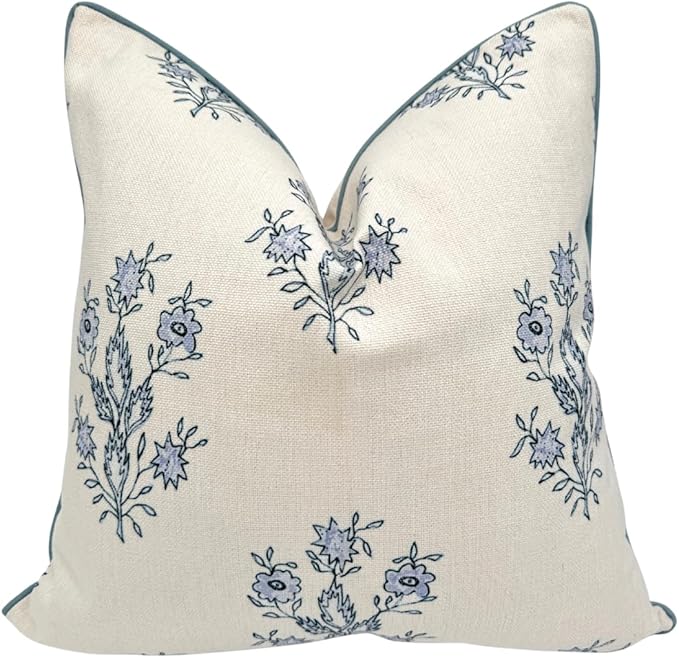 Jillien Harbor “The Mary” Blue and White Decorative Throw Pillow Cover – Floral Block Print Pillow Cover – Grandmillennial Home Decor, 19" x 19"