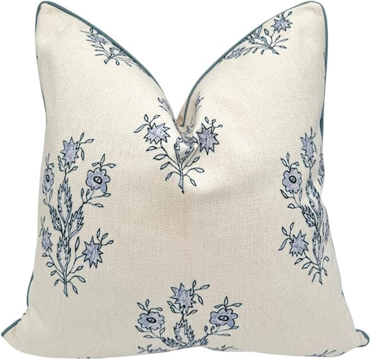 Jillien Harbor “The Mary” Blue and White Decorative Throw Pillow Cover – Floral Block Print Pillow Cover – Grandmillennial Home Decor, 19" x 19"