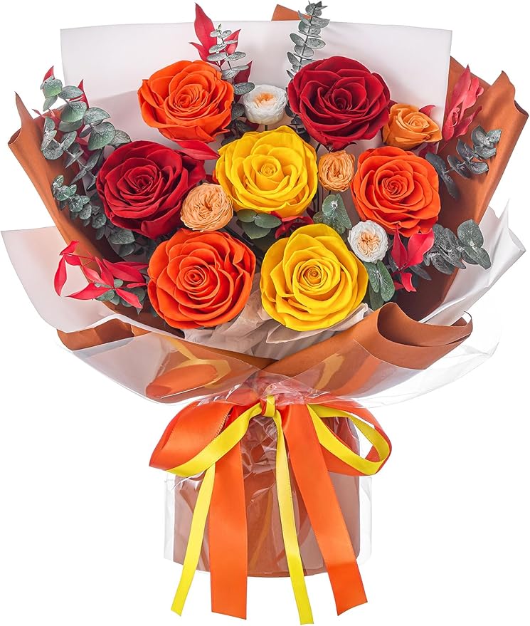 Polylove Flowers for Delivery Prime Forever Flowers Bouquet Preserved Roses Bouquet Flower Gift for Women Wife Mother Day Graduation Birthday (Orange, Medium)