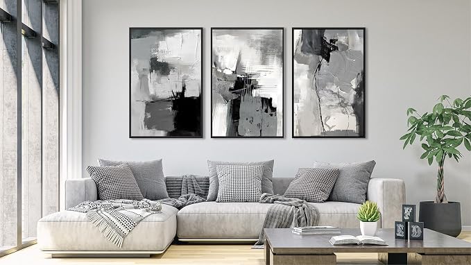 Large Framed Canvas Wall Art - Retro Grey Graffiti Pictures for Living Room Rustic Abstract Wall Decor Vintage Prints for Bedroom Dinning Room Black Float Framed 24" X 36" X 3 pcs