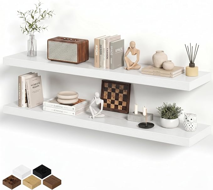 Fun Memories 48 Inch Floating Shelves for Wall 8 Inch Deep White Shelves Set of 2, Wall Mounted Rustic Wood Long Floating Shelf, Large Display & Storage Shelf with Invisible Brackets