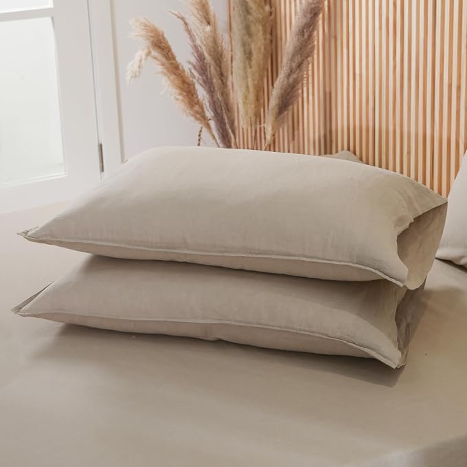 French Linen Pillow Cases - Moisture-Absorbing Linen Pillow Shams, King Size (20''x40''), Khaki
