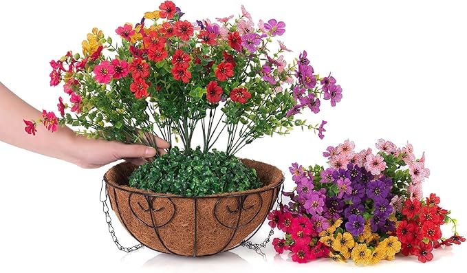 HyeFlora 2 Set Artificial Outdoor Flowers Hanging Basket, Faux Hanging Plants for Outside Spring Decoration, Fake Silk UV Resistant Look Real Daisy for Porch Patio Home Decor