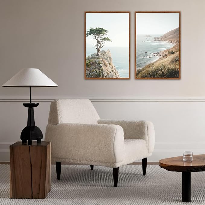 LHIUEM Coastal Seascape Framed Canvas Wall Art,Modern Beach Wall Decor,Neutral Pine Tree Painting,Natural Ocean Artwork for Living Room,Bedroom,Dining Room -16"x24"x3