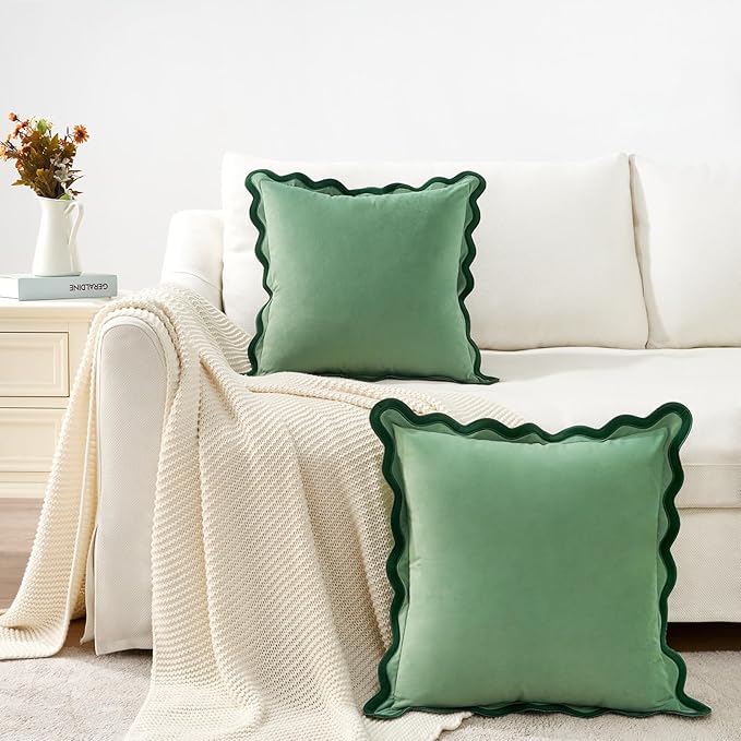 MONDAY MOOSE Decorative Throw Pillow Covers Cushion Cases, Set of 2 Soft Velvet Scalloped Wavy Edge Designs, Mix and Match for Home Decor, Pillow Inserts Not Included (20x20 inch, Green/Light Green)