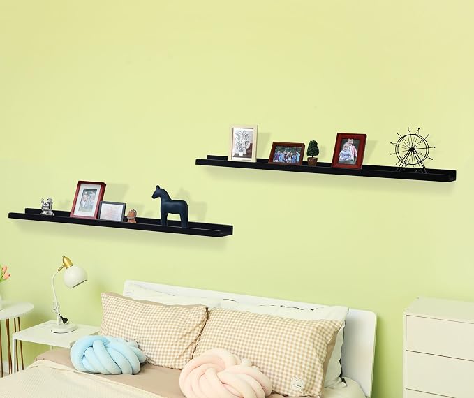 PHOENANCEE Long Floating Shelves for Wall 57 Inch,Real Wood Picture Ledge with Lip Set of 4,Photo Frame Storage Display for Living Room Nursery Bedroom Bathroom Kitchen Home Office Decor Rustic Black