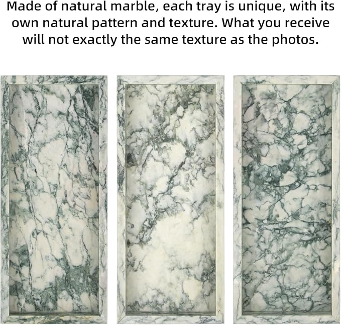 Marble Bathroom Vanity Tray, Natural Luxury Vanity Home Kitchen Bathroom Table Tray, Stone Decorative Countertop Dresser Trays for Key Coffee Perfume Jewelry Makeup (Green Texture, 12"x 5" x1.2")