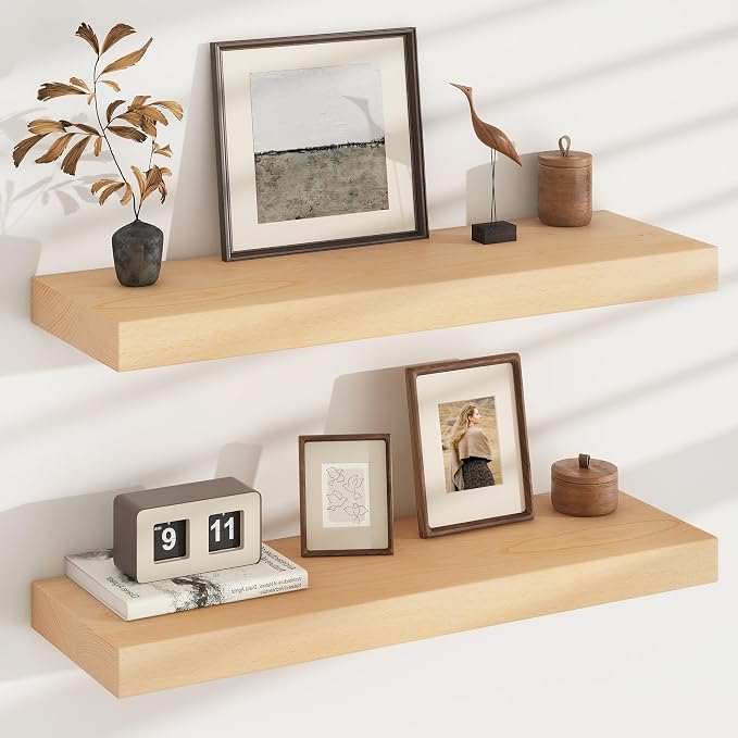 Floating Shelves for Wall, USA-Sourced Beech Wood 30 Inch Wall Shelves Set of 2, Natural Wooden Mounted Picture Ledge Shelf, Nursery Book Storage Shelf Kids Bookshelf Display, Shelf for Bathroom