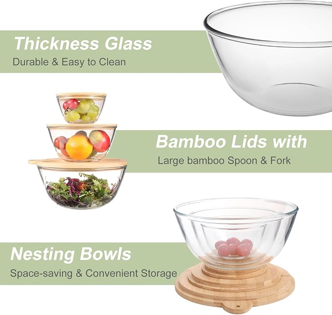 JOYMAY Glass Salad Bowls, Set of 3 Glass Bowls with Bamboo Lids Large Serving Bowl for Salad, Pasta, Desserts, W/Bamboo Utensils Salad Fruit Nesting Bowl for Cooking,Baking,Prepping,Serving & Storage