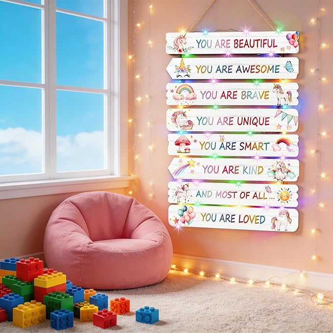 Vintage Classic Unicorn Sign Nursery Wall Decor Set of 8 with LED Lights, 11.4x2 Pink Cute Plaque Wall Art for Baby Girl Kid Teen Toddlers, 8 PCS Positive Wooden Quote Gift for kawaii Fairy Room
